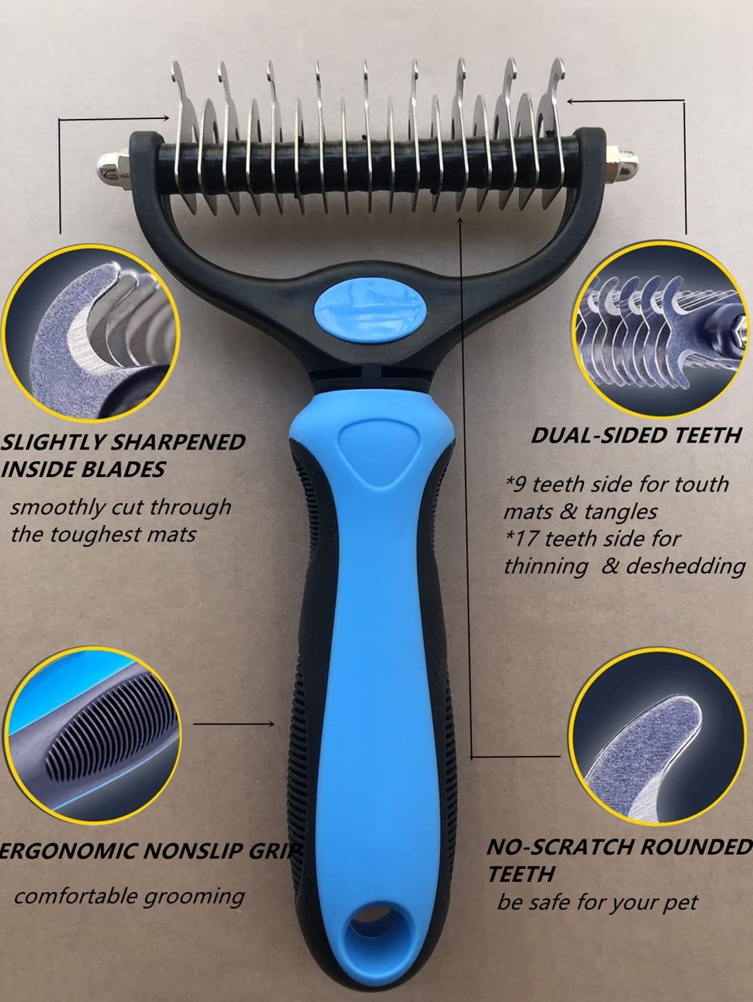 Pet Grooming Brush & Nail Clippers Trimmers - Double Sided Shedding and Dematting Undercoat Rake Comb for Dogs and Cats - Safe Dematting Comb for Easy Mats & Tangles Removing (Blue), Large